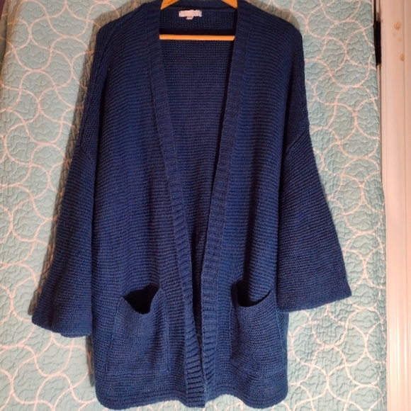 Teal blue knit open front cardigan sweater - Picture 2 of 6
